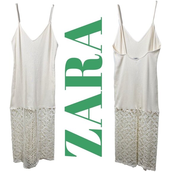 ZARA OPEN KNIT CROCHET MIDI SLIP DRESS IVORY COASTAL RESORT BOHO MINIMALIST, L - Picture 14 of 15